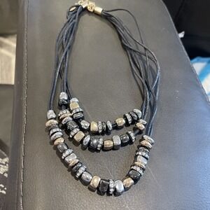 ST. THOMAS Necklace Multi-strand layered gold tone Black Rope Signed